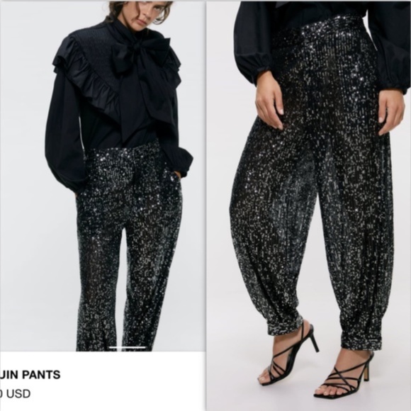 NEW ZARA Black Sequin Pants XS - Picture 10 of 13